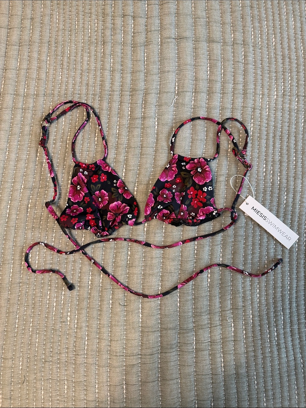 Pink Black Floral String Bikini Top